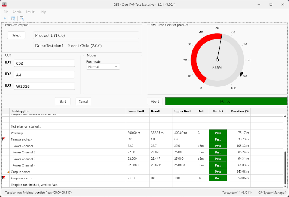 OTE standard user interface in dark theme