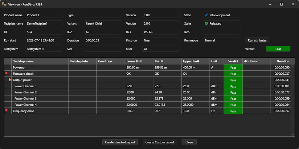 Results from single run from database