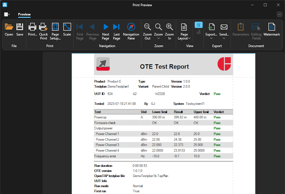 Standard test report