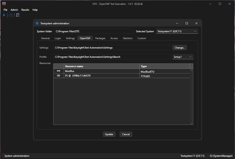 System admin, OpenTAP bench settings with configured instrument resources