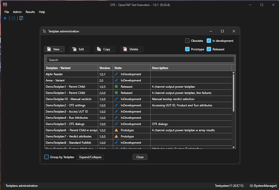 Configuration and mangement of testplans