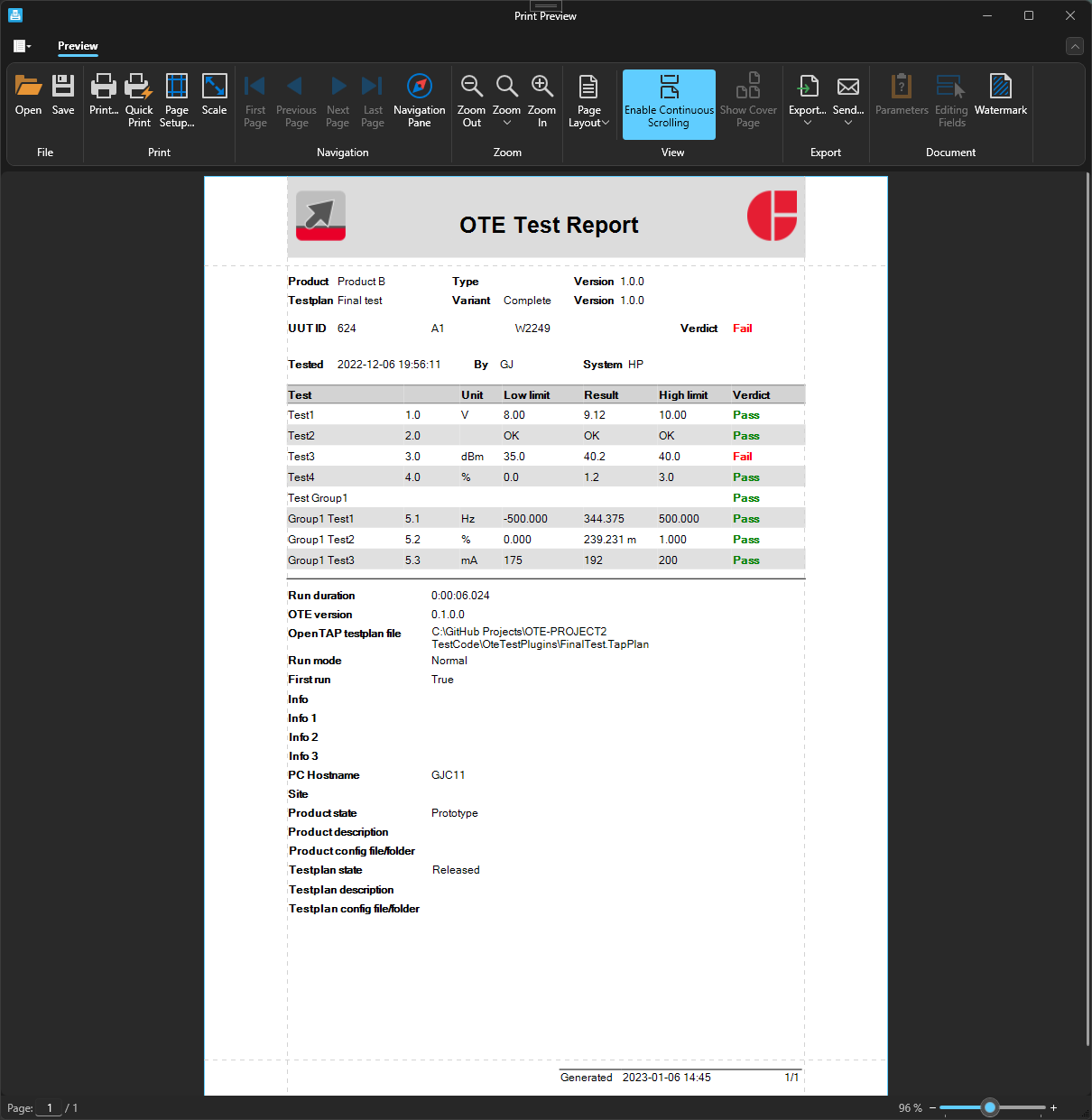 Standard test report. Can be generated after a run or when retrieving runs from database